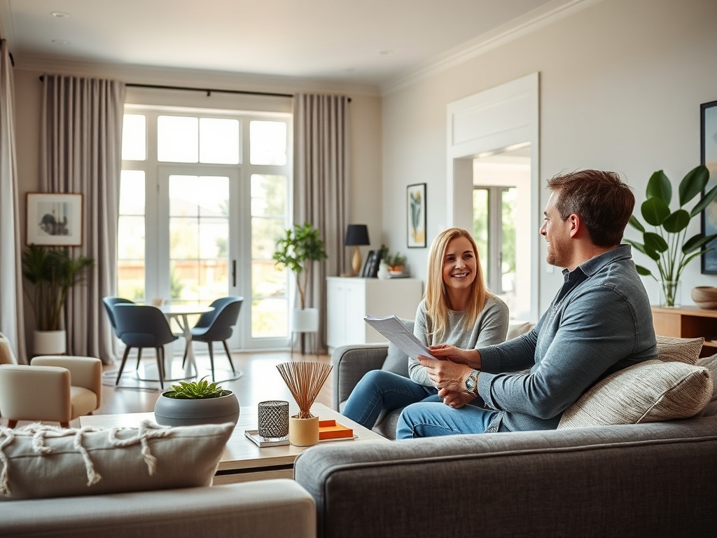 Два человека беседуют на диване в уютной гостиной с большими окнами и зелеными растениями.