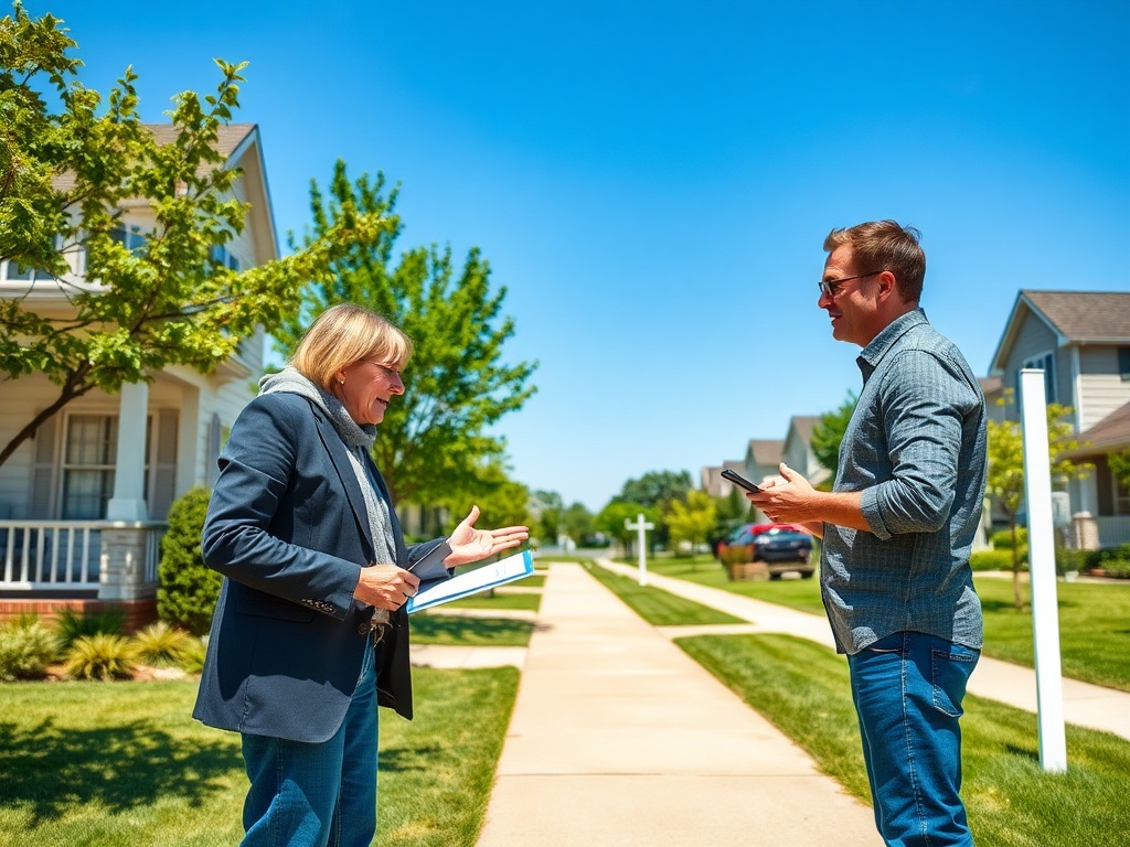 На улице мужчина и женщина общаются, обсуждая что-то на фоне жилых домов и зелени. Ясная солнечная погода.