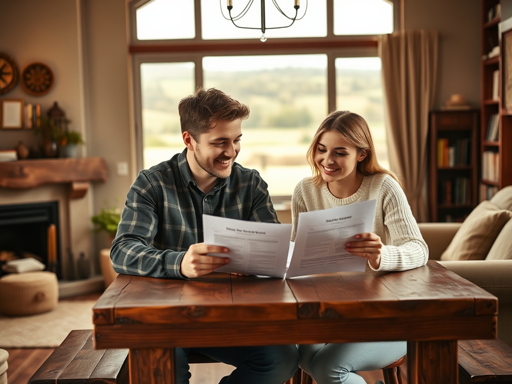 На фотографии улыбающаяся пара сидит за столом и рассматривает меню в уютной обстановке.