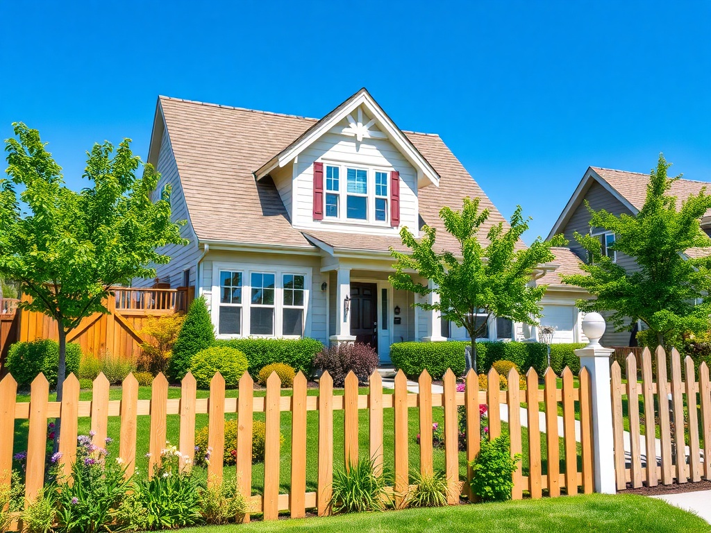 Красивая двухэтажная вилла с зеленым садом и забором на фоне ясного голубого неба.