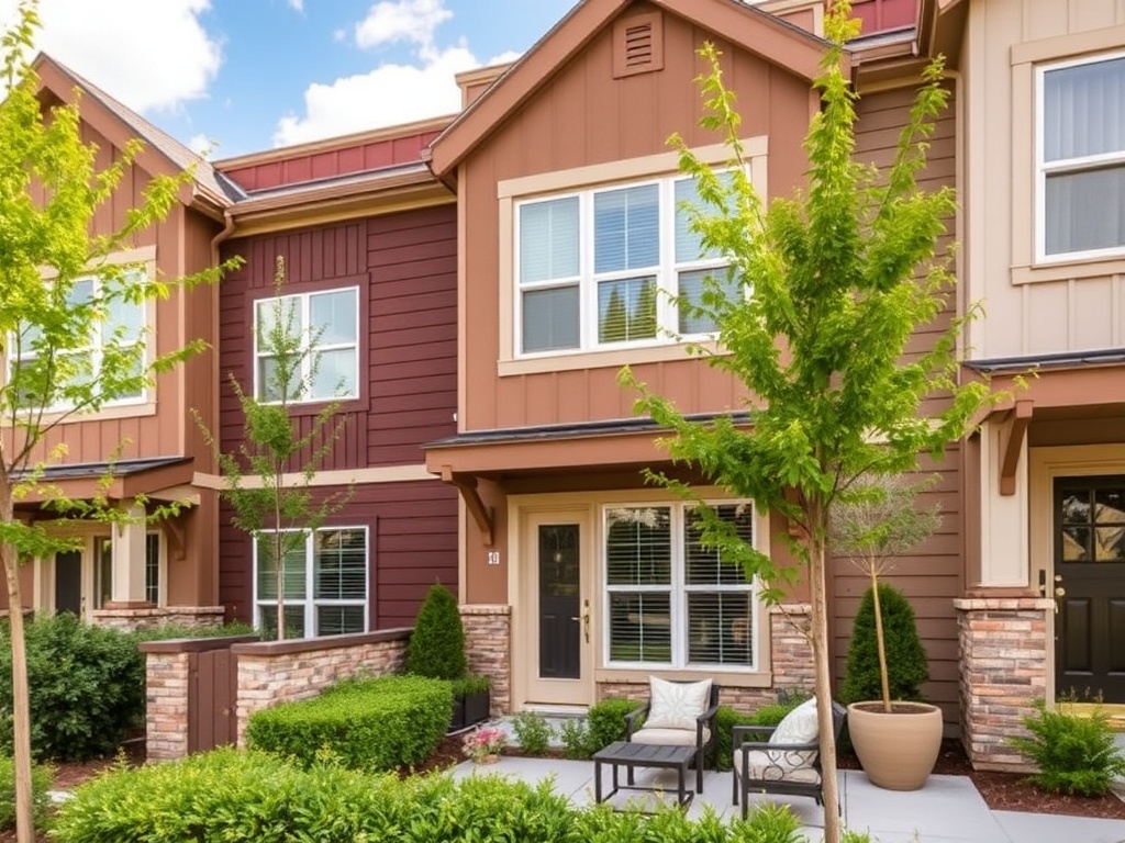 Современный дом с зелеными растениями и мебелью на веранде, солнечный день и голубое небо.