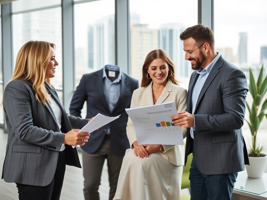 Деловая встреча: три человека обсуждают документы, рядом виден фрагмент бизнес-одежды. Панорамный вид на город.