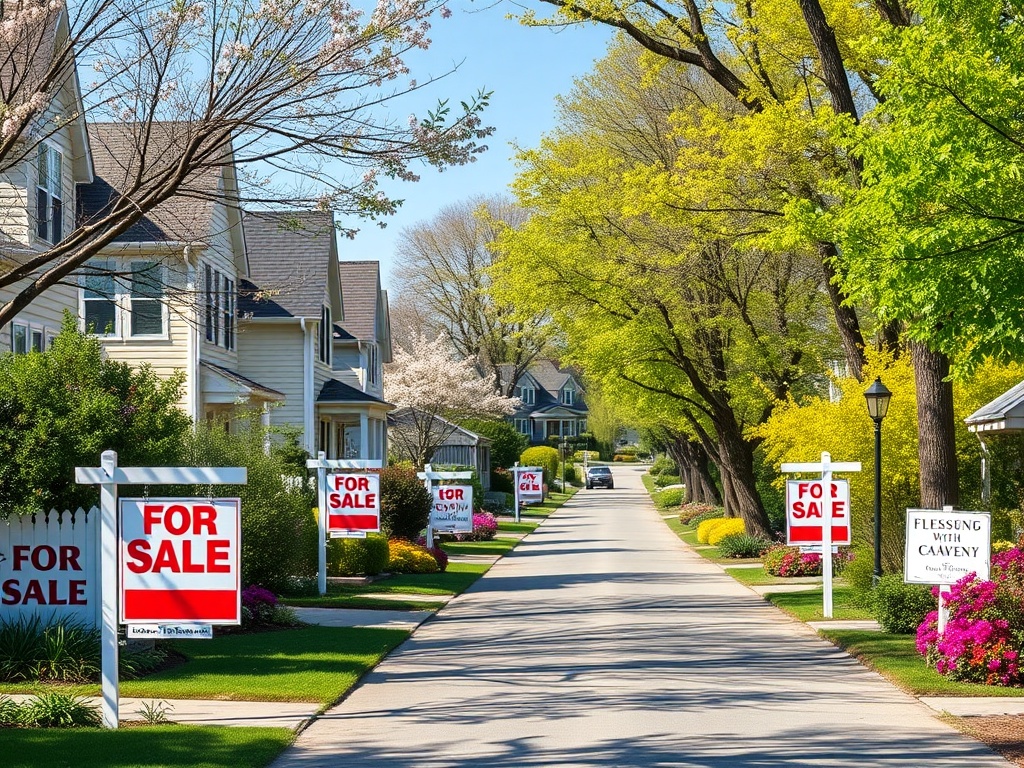Улица с домами, на которых висят знаки "Продается", окруженная зелеными деревьями и цветами.