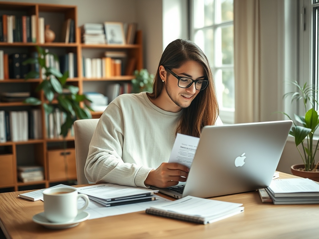 Молодая женщина в очках работает за столом, читая документы и используя ноутбук в уютном офисе.