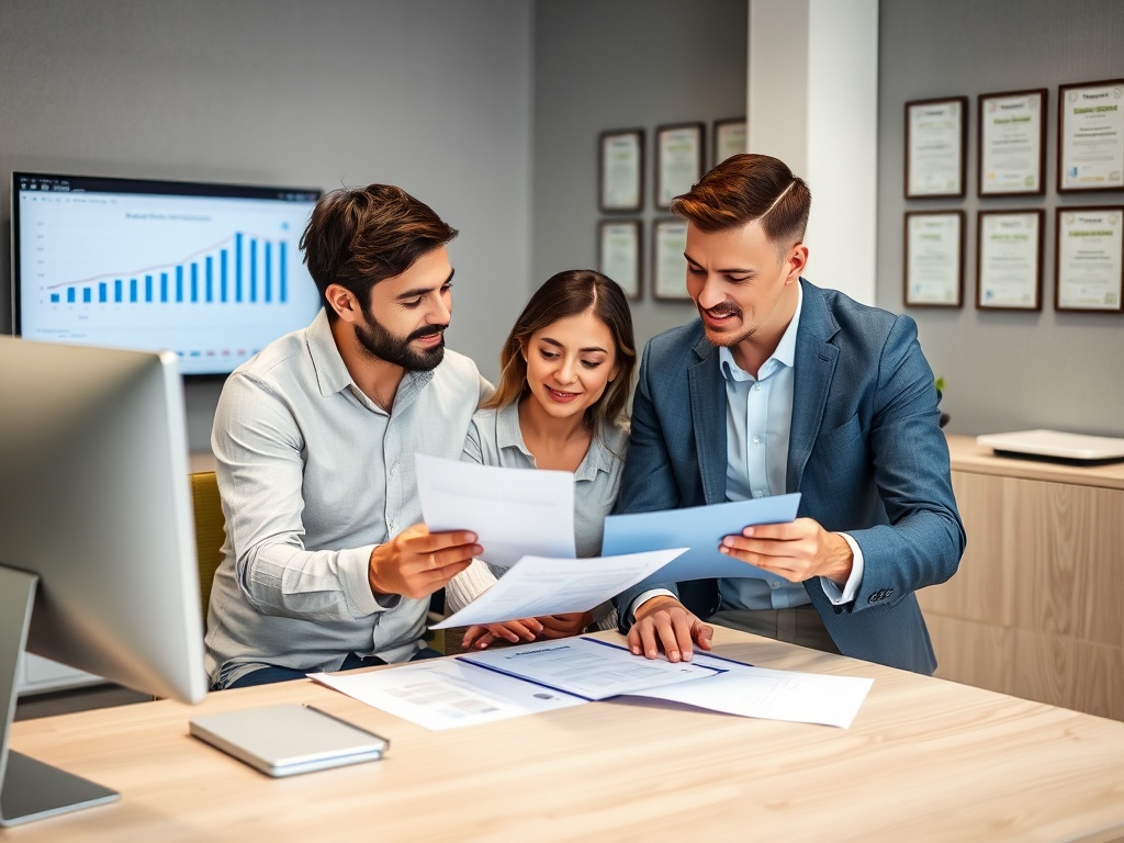 Трое людей обсуждают документы в офисе, на фоне экрана с графиком и несколькими наградными сертификатами.