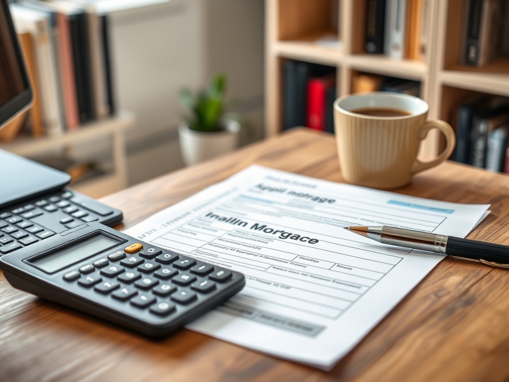На столе лежат документы, калькулятор и чашка кофе; процесс оформления ипотеки.