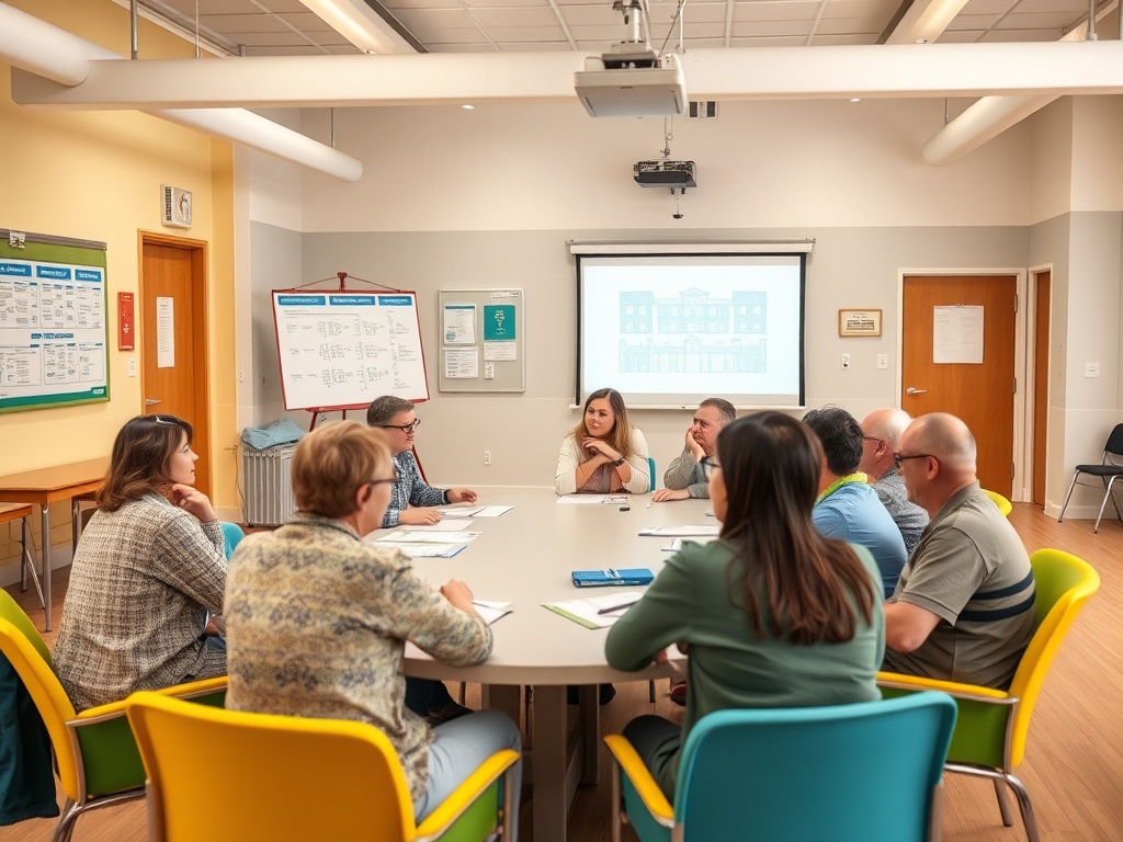 Группа людей обсуждает планы на встрече в светлом помещении с проектором и досками для заметок.