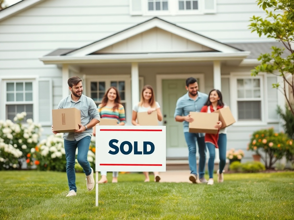 Группа людей с коробками перед домом, на котором вывеска «Продано». Счастливые события и новый этап жизни.